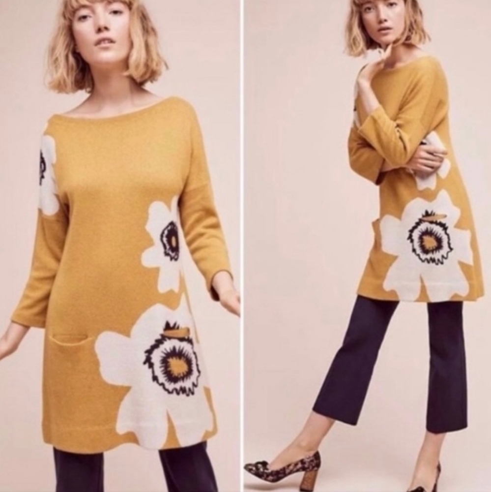 Anthropologie Field Flowers Sweater Tunic Dress Mustard Poppy Size XS NWT
